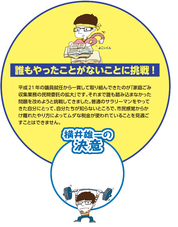 【誰もやったことがないことに挑戦！】平成21年の議員就任から一貫して取り組んできたのが｢家庭ごみ収集業務の民間委託の拡大｣です｡それまで誰も踏み込まなかった問題を改めようと挑戦してきました｡普通のサラリーマンをやってきた自分にとって､自分たちが知らないところで､市民感覚からかけ離れたやり方によってムダな税金が使われていることを見過ごすことはできません｡