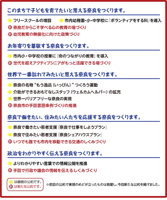【このまちで子どもを育てたいと思える奈良をつくります。】・フリースクールの増設 ・市内幼稚園・小・中学校に「ボランティアをする科」を導入 ［新］奈良だからこそ学べる心の教育の場づくり　［新］幼児教育の無償化に向けた政策づくり 【お年寄りを尊敬する奈良をつくります。】・市内小・中学校の授業に「命のつながり教育」を導入　［新］世代を超えアクティブシニアがもっと活躍できる場づくり 　【世界で一番訪れてみたいと思える奈良をつくります。】・奈良の名物”もう逸品(いっぴん)”つくろう運動　・介助ができるおもてなしスタッフ(ウェルカムヘルパー)の拡充　・世界一バリアフリーな奈良の実現　［新］奈良市の手話言語条例づくりの推進【奈良で働きたい、住みたい人たちを応援する奈良をつくります。】・奈良で働きたい若者支援「奈良で仕事をしようプラン」　・奈良で住みたい若者支援「奈良シェアハウスプラン」　［新］いつでも誰でも市内を移動できる交通のしくみづくり【政治をわかりやすく伝える奈良をつくります。】・よりわかりやすい言葉での情報公開を推進［新］手話で行政や議会の情報を伝えるしくみづくり　 ※「・」は継続公約です。［新］は新たな公約です。